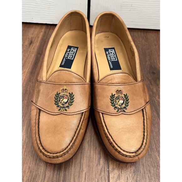 POLO RALPH LAUREN Men’s Vintage Camel Leather Embroidered Crest Loafers Sz 9.5D main image 15